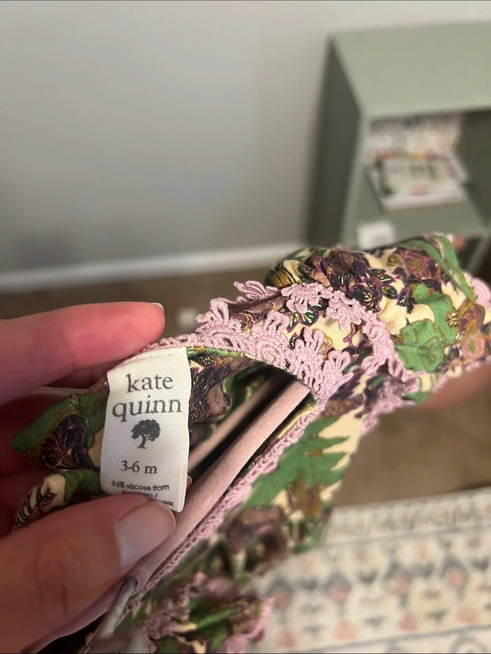kate quinn Green Floral Romper with Pink Lace Trim